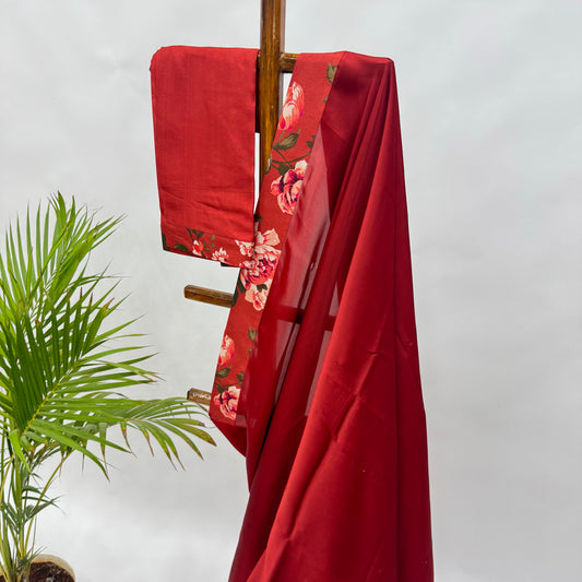 Red Flower Bunch Border Satin Organza Saree