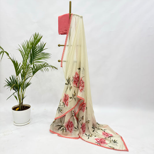 Cream Peonia Falling Organza Saree
