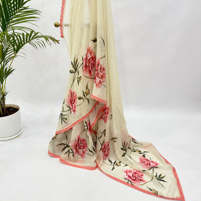 Cream Peonia Falling Organza Saree