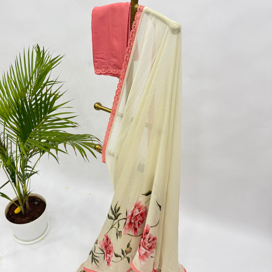 Cream Peonia Falling Organza Saree