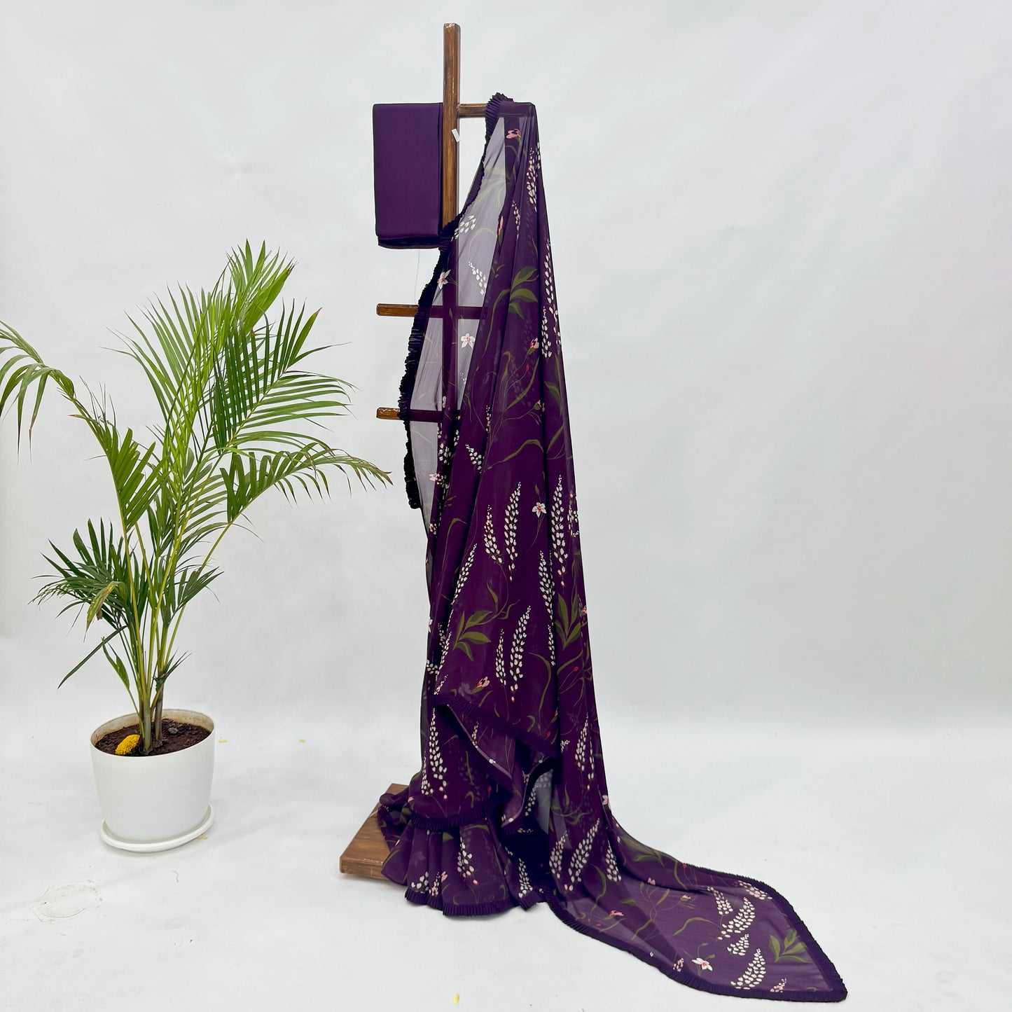 Purple Botanical Print Georgette Saree