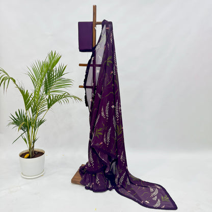 Purple Botanical Print Georgette Saree