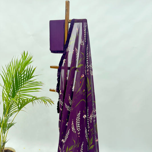 Purple Botanical Print Georgette Sare