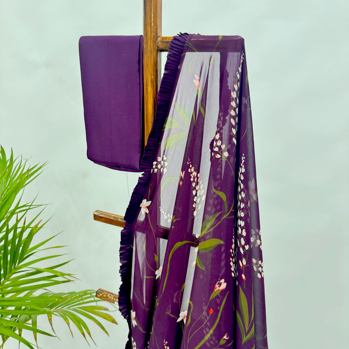 Purple Botanical Print Georgette Saree