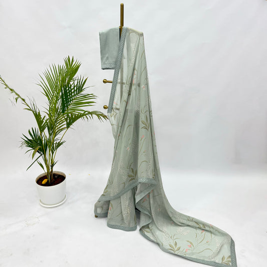 SeaGreen Botanical Print Georgette Saree
