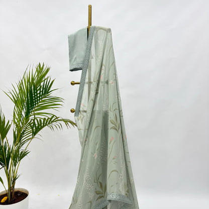 SeaGreen Botanical Print Georgette Saree