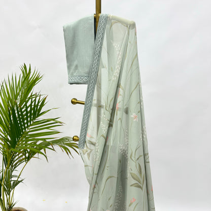 SeaGreen Botanical Print Georgette Saree