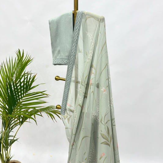 SeaGreen Botanical Print Georgette Saree