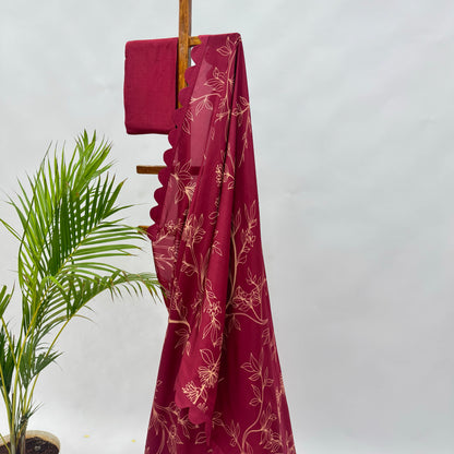 Red Foliole Outline Silk Scallop Saree