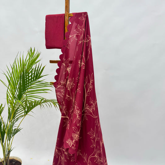 Red Foliole Outline Silk Scallop Saree