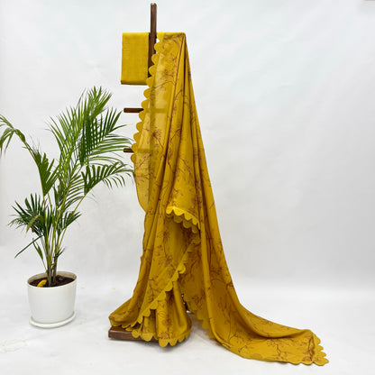 Yellow Foliole Outline Silk Scallop Saree