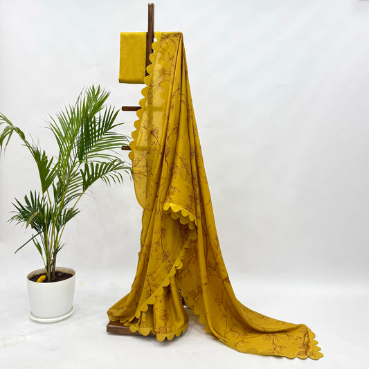 Yellow Foliole Outline Silk Scallop Saree