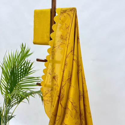 Yellow Foliole Outline Silk Scallop Saree