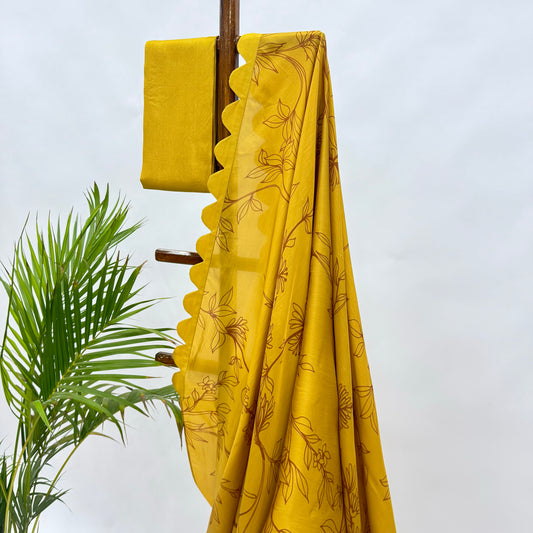 Yellow Foliole Outline Silk Scallop Saree