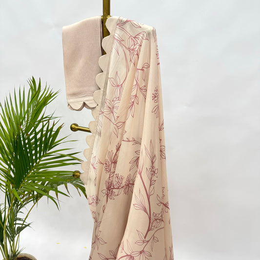 Ivory Foliole Outline Silk Scallop Saree