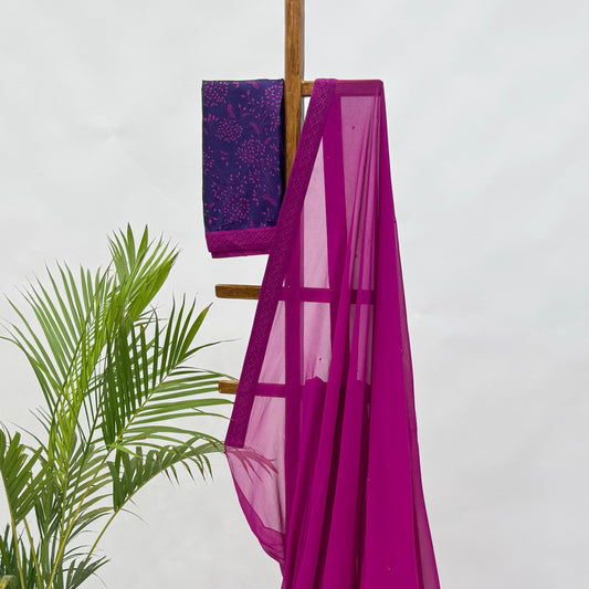 Magenta Pink Georgette Sequin Embroidery Saree with Purple Kumri Silk Blouse