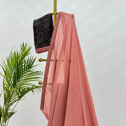 Rose Brown Georgette Sequin Embroidery Saree with Black Kumri Silk Blouse