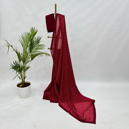 Red Polka Dots Chinnon Saree