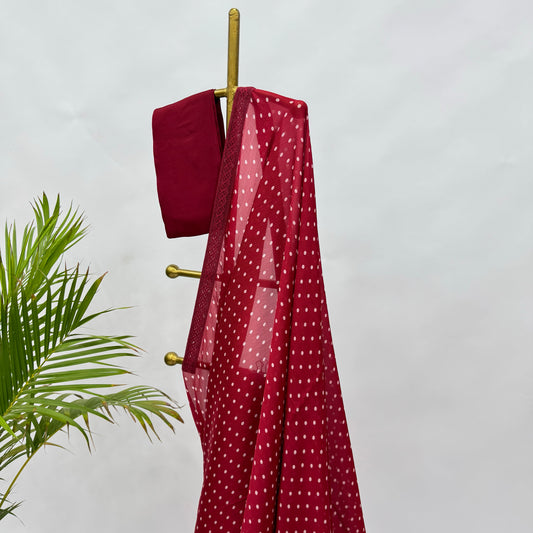 Red Polka Dots Chinnon Saree