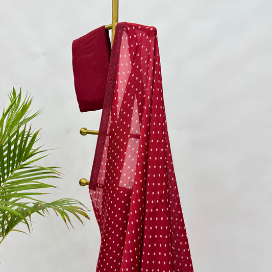 Red Polka Dots Chinnon Saree