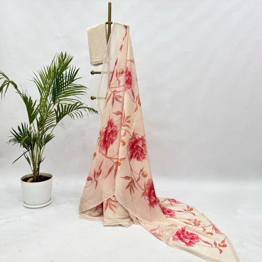 Ivory Peonia Allover Print Chinnon Saree