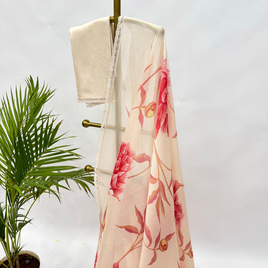 Ivory Peonia Allover Print Chinnon Saree