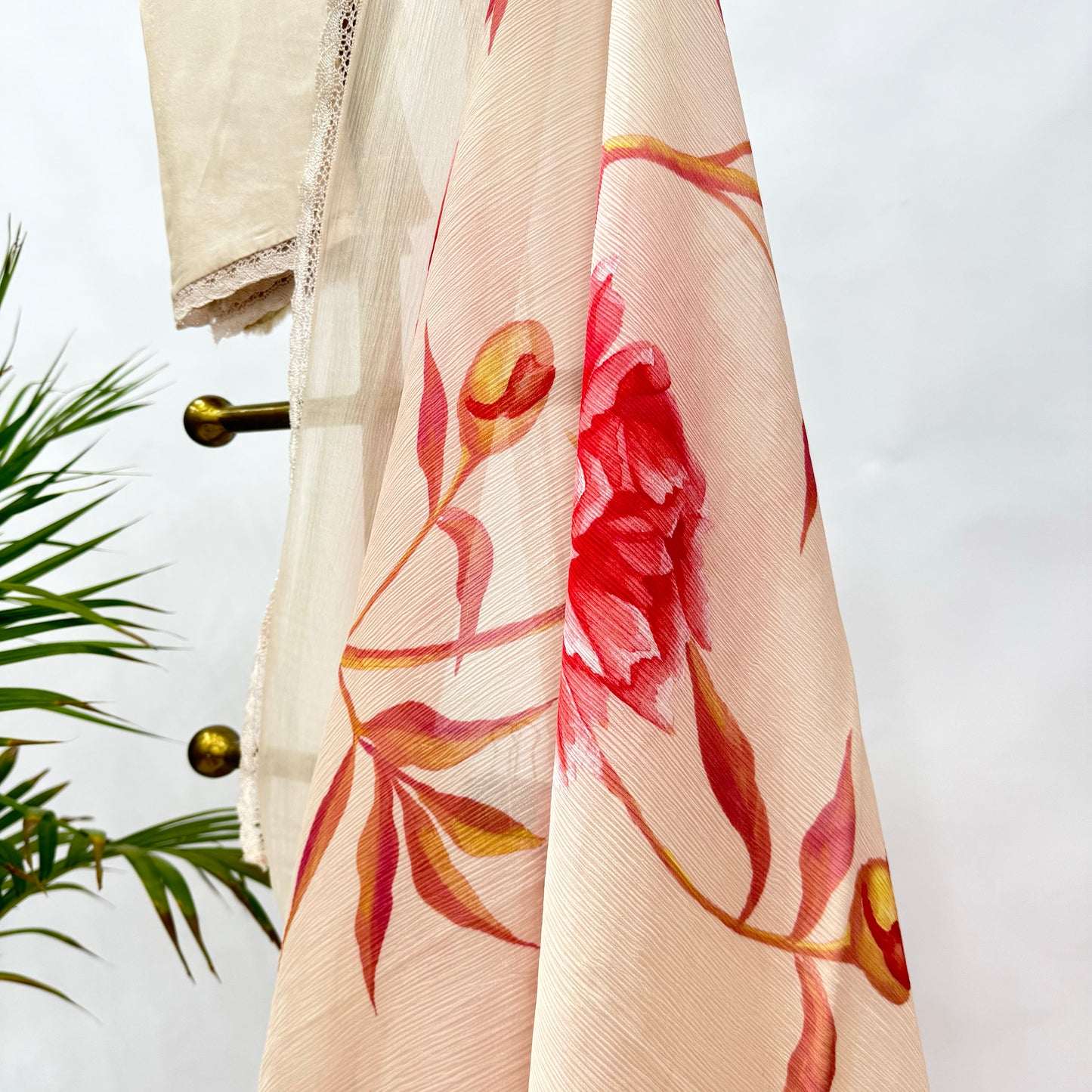 Ivory Peonia Allover Print Chinnon Saree