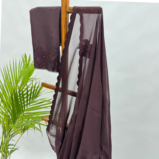 Brown VT Applique Motifs Falling Organza Saree