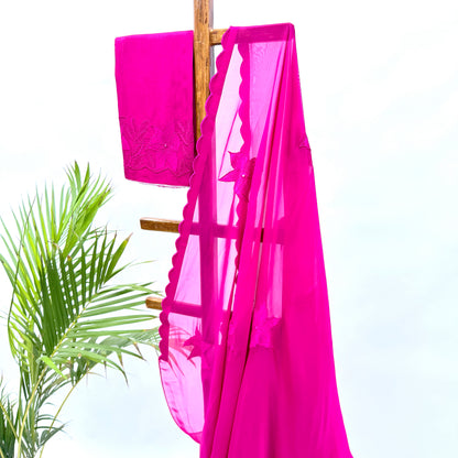 Hot Pink VT Applique Motifs Falling Organza Saree
