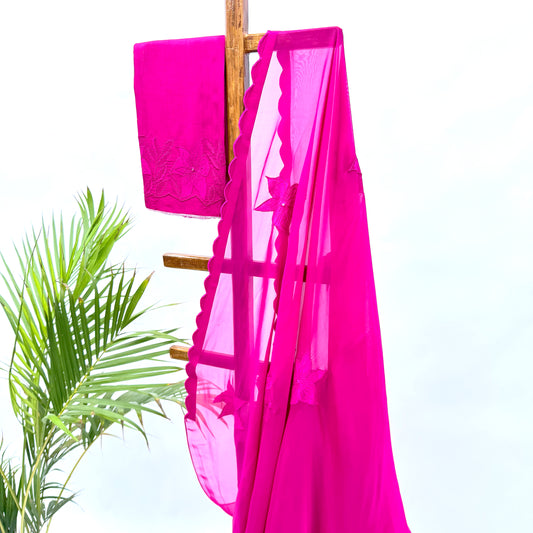 Hot Pink VT Applique Motifs Falling Organza Saree