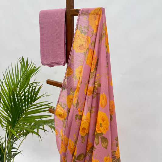 Onion Pink Flower Bunch Kota Saree