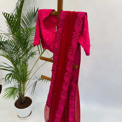 RED WITH HOTPINK APPLIQUE BORDER ORGANZA SAREE WITH PINK SEQUENCE MOTIFS BLOUSE