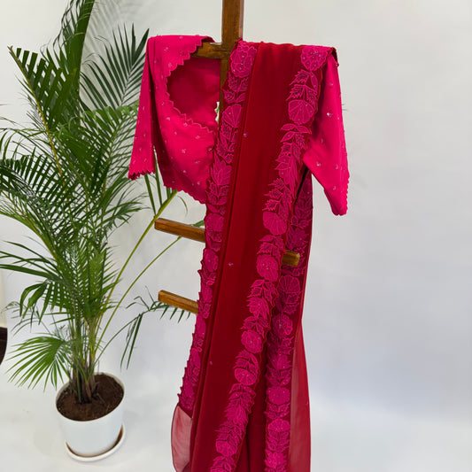 RED WITH HOTPINK APPLIQUE BORDER ORGANZA SAREE WITH PINK SEQUENCE MOTIFS BLOUSE