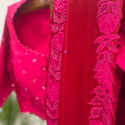 RED WITH HOTPINK APPLIQUE BORDER ORGANZA SAREE WITH PINK SEQUENCE MOTIFS BLOUSE