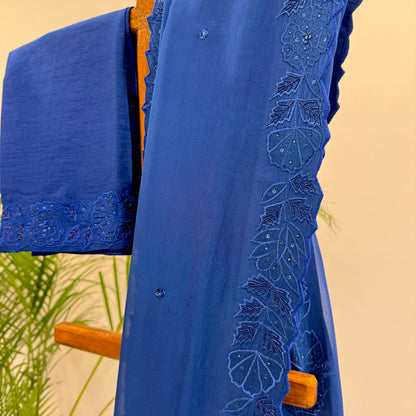 ELECTRIC BLUE APPLQIUE BORDER ORGANZA SAREE