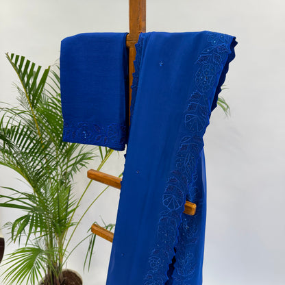 ELECTRIC BLUE APPLQIUE BORDER ORGANZA SAREE