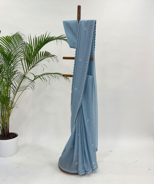 PASTEL BLUE PEARL LEAF BUTAS ORGANZA SAREE