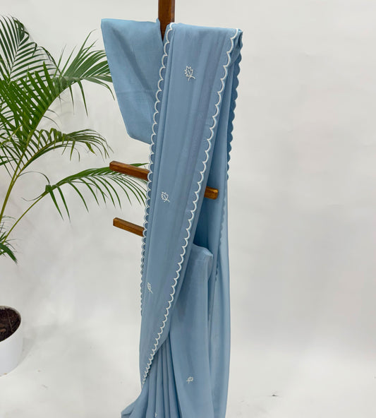 PASTEL BLUE PEARL LEAF BUTAS ORGANZA SAREE