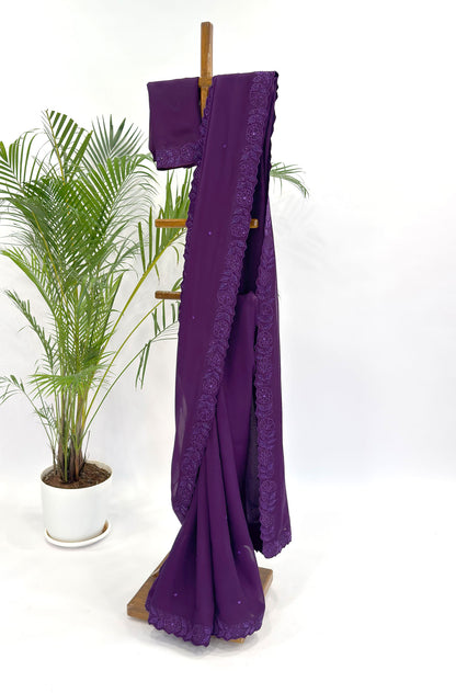 PURPLE APPLQIUE BORDER ORGANZA SAREE