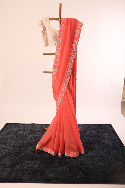 PEACH PEARL BORDER ORGANZA SAREE WITH SMALL PEARL EMBROIDERED BLOUSE