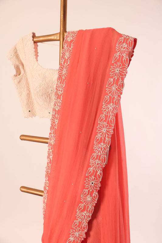 PEACH PEARL BORDER ORGANZA SAREE WITH SMALL PEARL EMBROIDERED BLOUSE