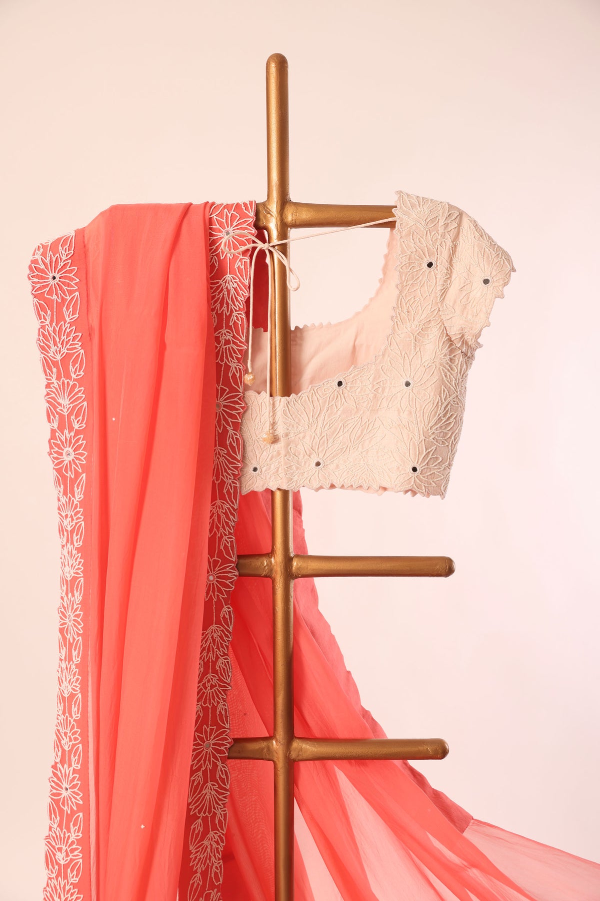 PEACH PEARL BORDER ORGANZA SAREE WITH SMALL PEARL EMBROIDERED BLOUSE