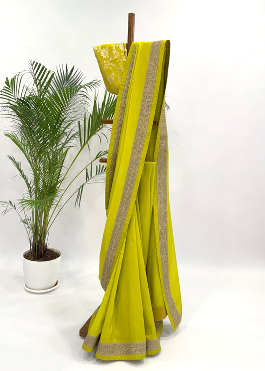 LEAFGREEN SOFTSILK SAREE WITH LACE AND CHANDERI BANARAS BLOUSE FABRIC