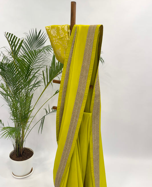 LEAFGREEN SOFTSILK SAREE WITH LACE AND CHANDERI BANARAS BLOUSE FABRIC