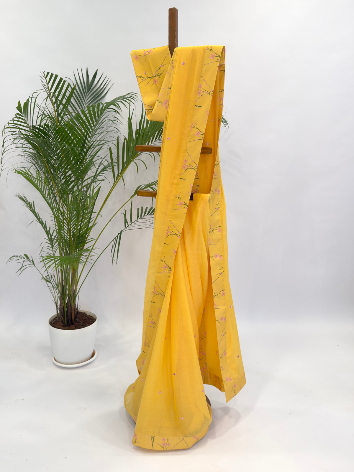 YELLOW BLOOM SILK BORDER CHANDERI SILK MIRROR MOTIFS SAREE