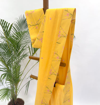 YELLOW BLOOM SILK BORDER CHANDERI SILK MIRROR MOTIFS SAREE