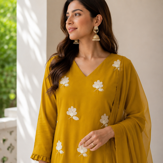 Mustard Yellow Georgetown Flowers Kurta Set