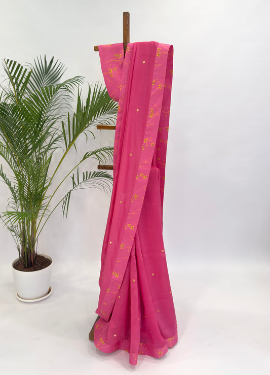 HOTPINK BLOOM SILK BORDER CHANDERI SILK MIRROR MOTIFS SAREE