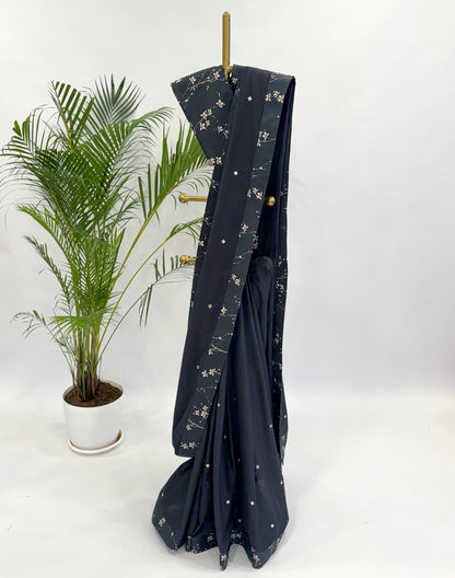 BLACK BLOOM SILK BORDER CHANDERI SILK MIRROR MOTIFS SAREE
