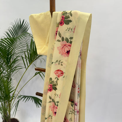 BUTTER YELLOW FLOWER BUNCH SOFTSILK SAREE WITH SILK BORDER